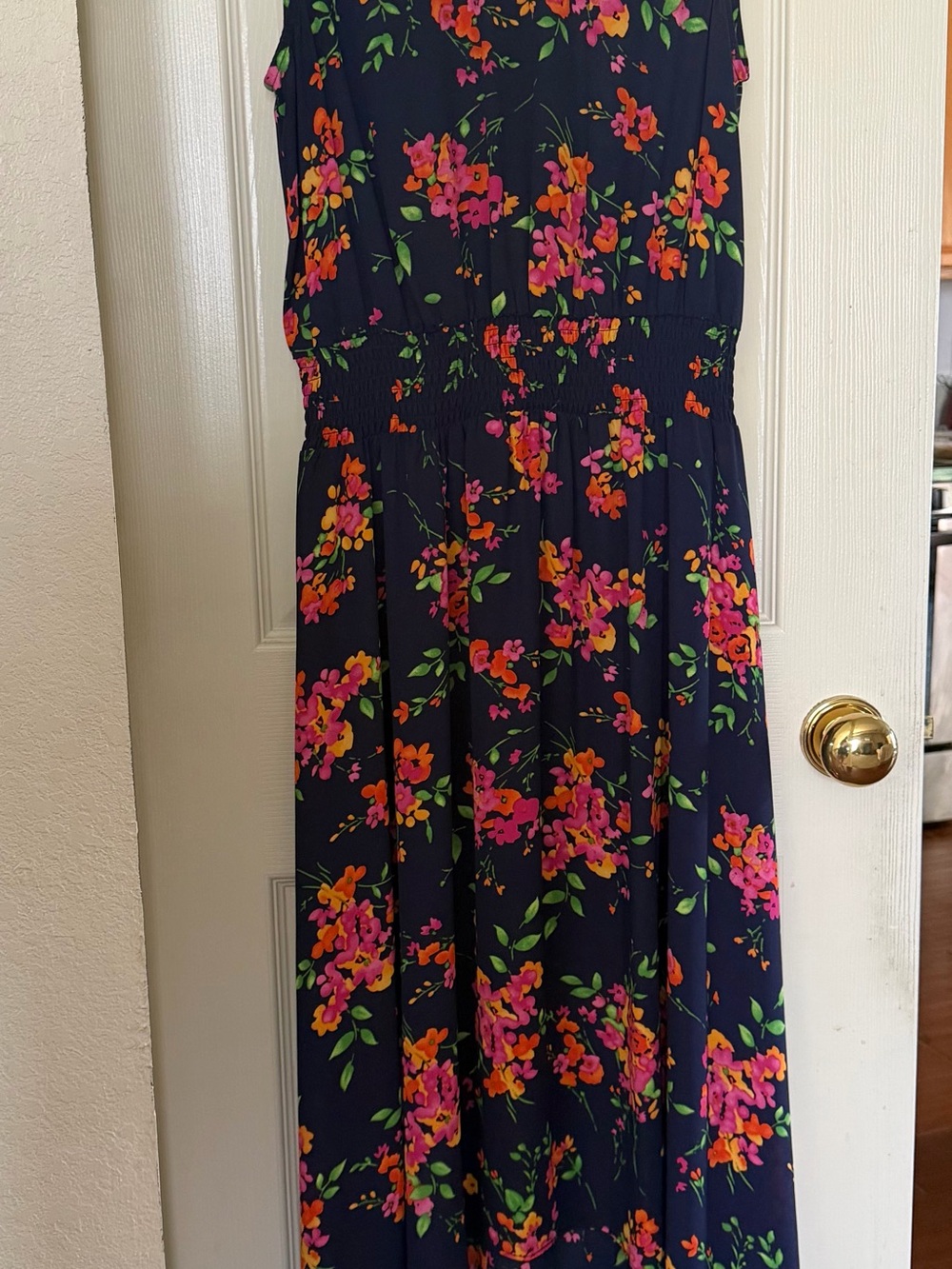 Nanette Lepore Navy Dress with Hot Pink & Orange Floral Print. Hi/Lo Hemline.